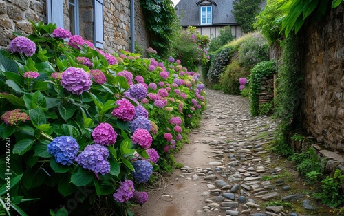 A picturesque scene of a beautiful garden adorned with hydrangeas in Brittany, capturing the serene and colorful ambiance of this floral landscape