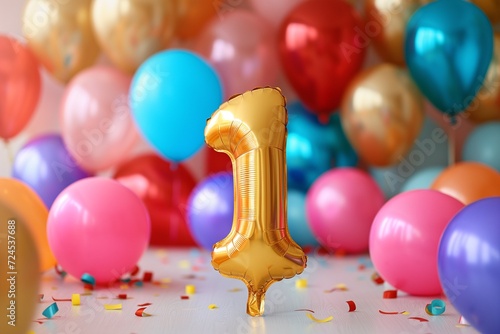 1. Geburtstag, "1" aus goldenem Heliumballon, bunte Luftballons im Hintergrund, farbenfrohe Kinderparty