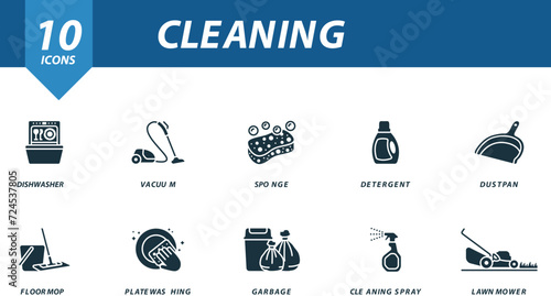 Cleaning icons set. Creative icons: dishwasher, vacuum, sponge, detergent, dustpan, floor mop, plate washing, garbage, cleaning spray, lawnmower.