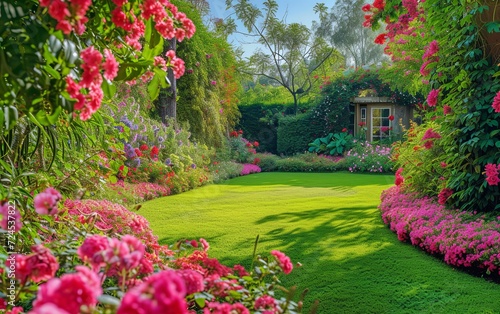 A stunning view of a beautiful home garden in full bloom, showcasing a vibrant array of flowers and lush greenery, creating a picturesque and inviting atmosphere