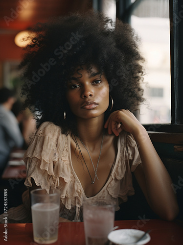 Depressed sad latin woman in bakery. Looking at the horizon, worried. end of relationship.