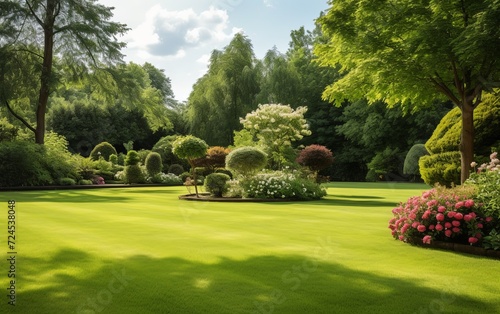 A serene view of a green lawn surrounded by beautiful, well-kept plants in a garden, creating a harmonious and tranquil outdoor space