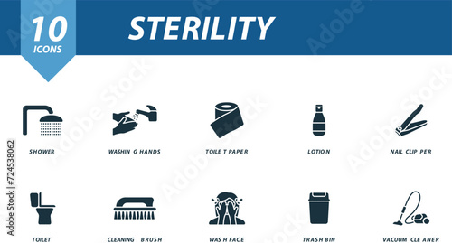 Sterility icons set. Creative icons: shower, washing hands, toilet paper, lotion, nail clipper, toilet, cleaning brush, wash face, trash bin, vacuum cleaner.