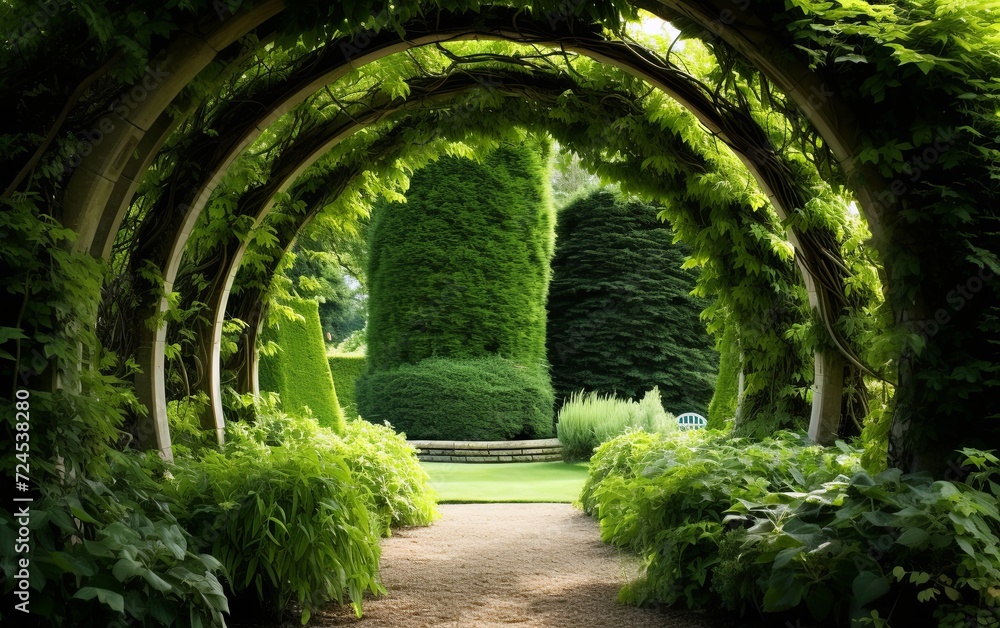 Green plant arches in english countryside garden
