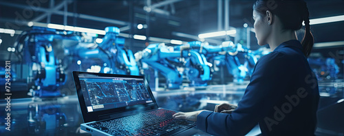 Robotics engineer using computer or laptop. robotic and digital manufacturing operation technology. copy space for text.