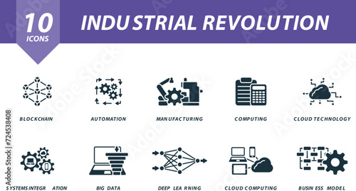 Industrial revolution icons set. Creative icons: blockchain, automation, manufacturing, computing, cloud technology, system integration, big data, deep learning, cloud computing, business model.