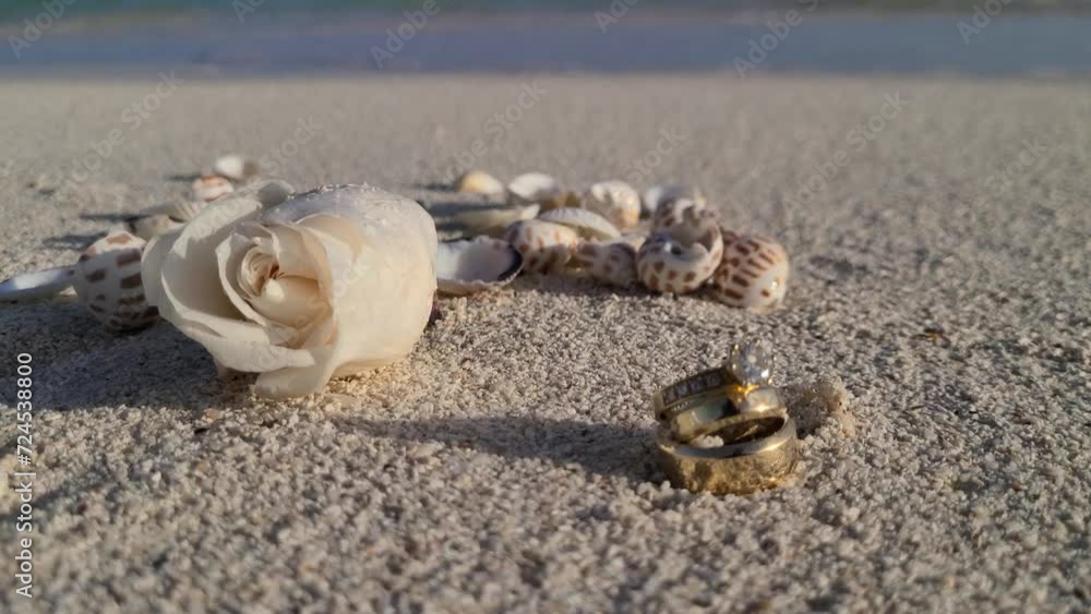 Close up white rose flower, shells and ring wedding on sand beach, sea background Close up white rose flower, shells and ring wedding on sand beach, sea background