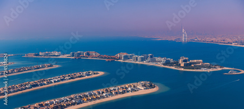 Bild auf Leinwand Observation deck skyview on sandy artificial Palm Island in Dubai and modern skyscraper