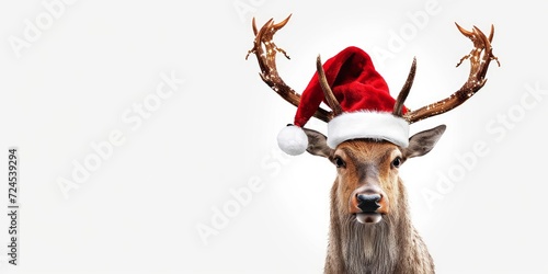Merry Christmas concept greeting card with German text - Cool reindeer with Santa hat or Santa Claus hat, isolated on white background, Generative AI