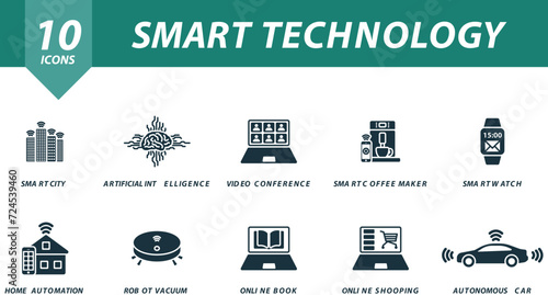 Smart technology icons set. Creative icons: smart city, artificial intelligence, video conference, smart coffee maker, smart watch, home automation, robot vacuum, online book, online shopping