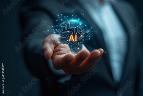 Close up man open hand holding AI brain.Artificial Intelligence or AI analysis information.Technology and science  machine learning system.Hi-tech and futuristic world.Digital concept background.