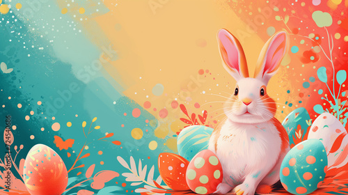 Easter Bunny between Colourful Easter Eggs with Copy Space and Colourful Background. Easter 2024