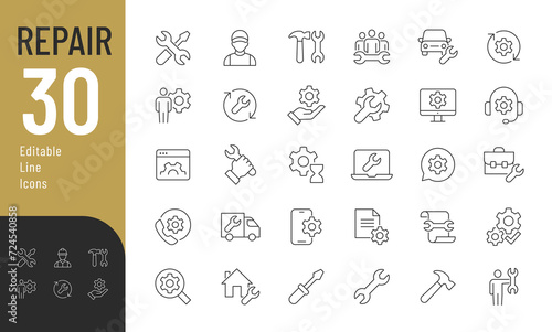 Repair Line Editable Icons set. Vector illustration in modern thin line style of fix related icons:  tools, repairman, troubleshooting equipment and electronics, and more. Isolated on white. photo