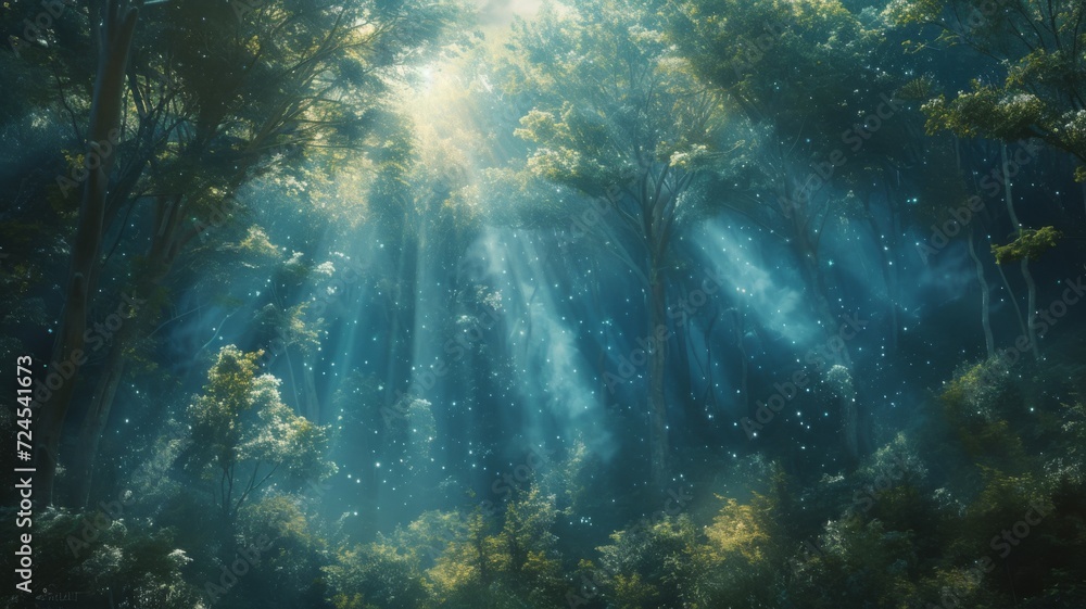 Obraz premium Sunbeams entering coniferous stand on a misty autumnal morning. 