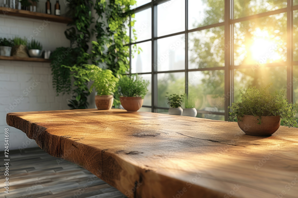 Empty wooden beautiful tabletop on the background of a modern kitchen and window. For mounting a product display or visual design layout. Empty wooden beautiful tabletop on the background of a modern kitchen and window. For mounting a product display or visual design layout.
