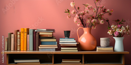 Modern interior space with vase of flowers and books