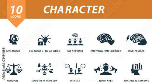 Character icons set. Creative icons: open-minded, unlocking new abilities, shared mind, emotional intelligence, mind trigger, principles, sensory perception, dispute, awareness, analytical thinking.