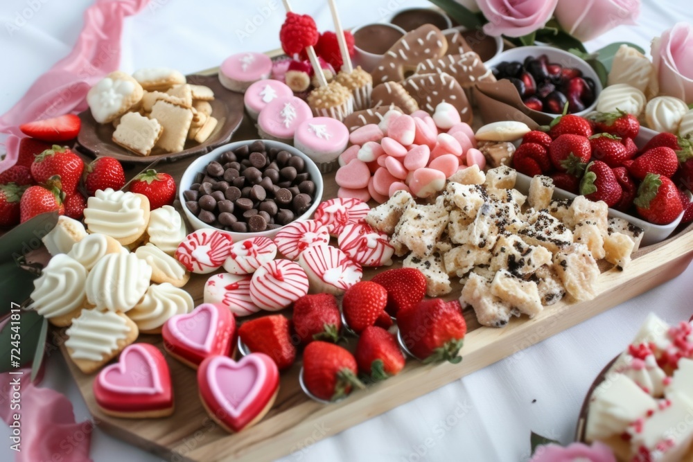 Valentines Day cheese board with a variety of cookies and candies.
