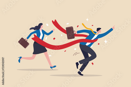 Finish line winner, business competition success victory, race goal or achievement, fast speed or strength leader, motivation to win opportunity concept, businessman champion winner race finish line.