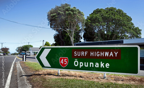 Opunake, surf highway sign, taranaki, new zealand, highway 45 © A