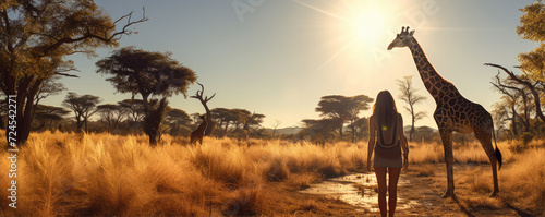 Girl next to giraffe on holiday days. Animal selfie