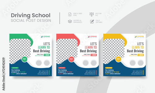 Driving school social media post for learning square banner ad design. High-quality car & vehicle driving school social media post suitable layout for advertising. Vol - 19