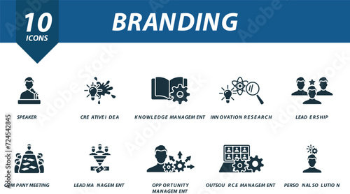 Branding icons set. Creative icons: speaker, creative idea, knowledge management, innovation research, leadership, company meeting, lead management, opportunity management, outsource management