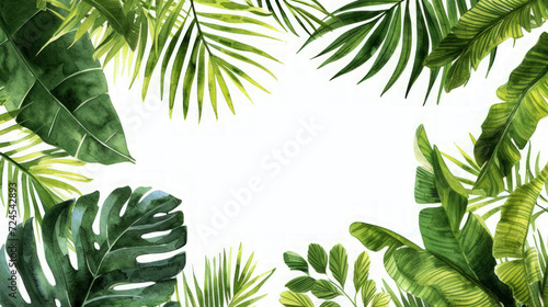 Watercolor tropical leaves and branches border with white background