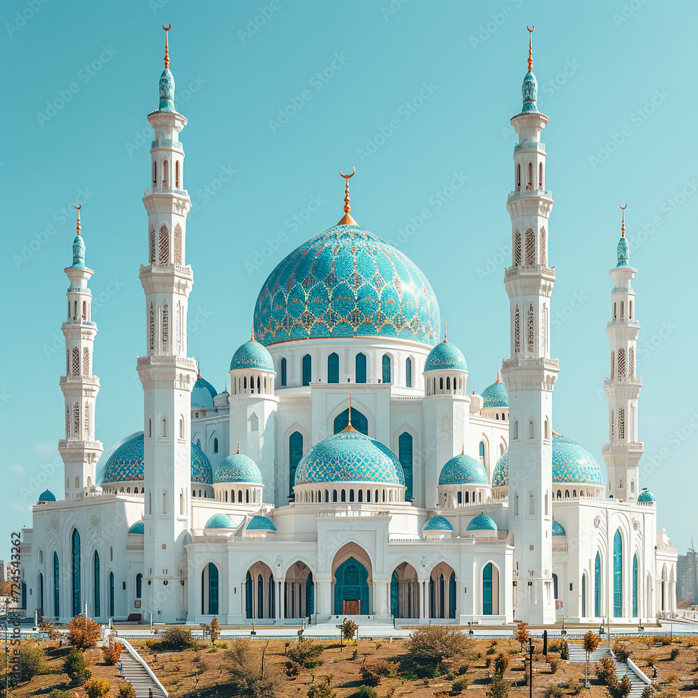 Sharjah Mosque Largest Masjid in Dubai, Ramadan Eid Concept background, Arabic Letter means: Indeed, prayer has been decreed upon the believers a decree of specified times, Travel and tourism image - obrazy, fototapety, plakaty 