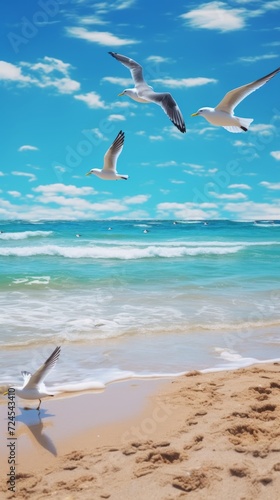 Generative AI image of Beach Seagulls Flying in the Sky