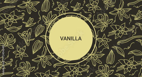 Isolated vector set of vanilla. Pattern. Vanilla sticks, vanilla flower and pods. Aroma, food. Hand drawn. Vector hand drawn illustration of orchid Flower and pods on isolated white background.