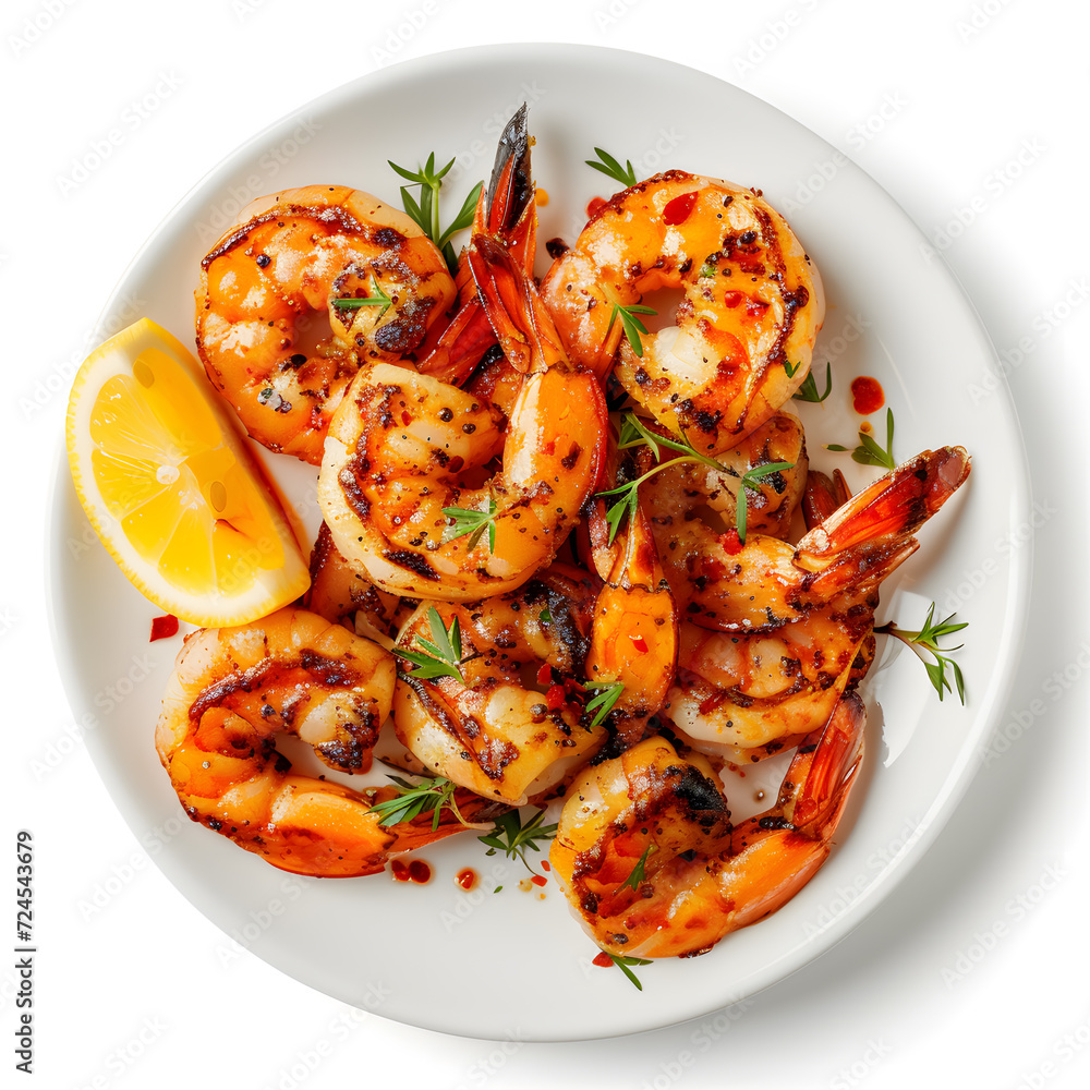 Grilled shrimp skewers with soy sauce and lemon on plate top view isolated on white Grilled shrimp skewers with soy sauce and lemon on plate top view isolated on white