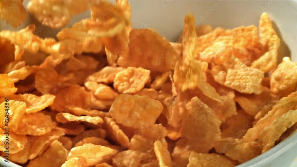 Cornflakes fall into a plate. Filmed on a high-speed camera at 1000 fps. High quality FullHD footage Cornflakes fall into a plate. Filmed on a high-speed camera at 1000 fps. High quality FullHD footage