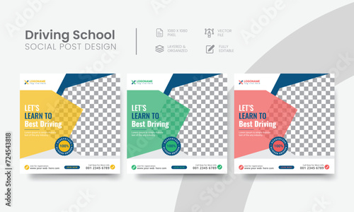 Driving school social media post for learning square banner ad design. High-quality car & vehicle driving school social media post suitable layout for advertising. Vol - 22 photo