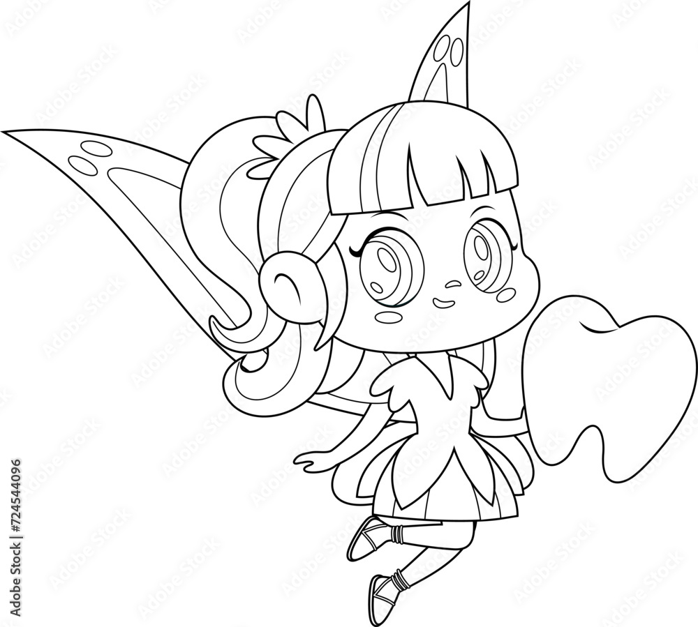Outlined Cute Tooth Fairy Girl Cartoon Character Flying With Tooth ...