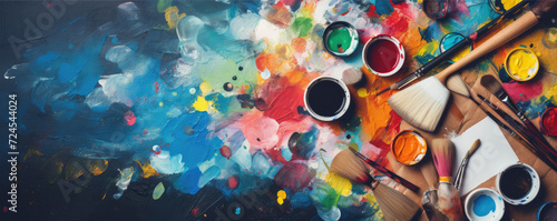 Painter tools for artist. Colorful paint pallete. photo