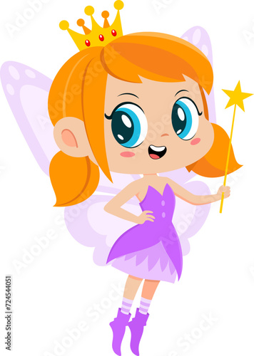 Cute Tooth Fairy Girl Cartoon Character Flying With Magic Wand. Vector Illustration Flat Design Isolated On Transparent Background