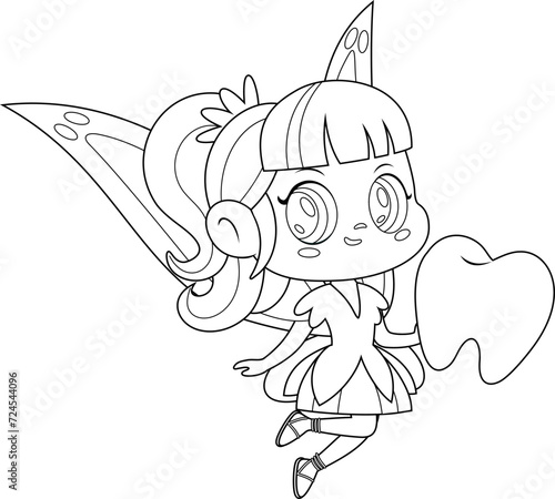 Outlined Cute Tooth Fairy Girl Cartoon Character Flying With Tooth. Vector Hand Drawn Illustration Isolated On Transparent Background