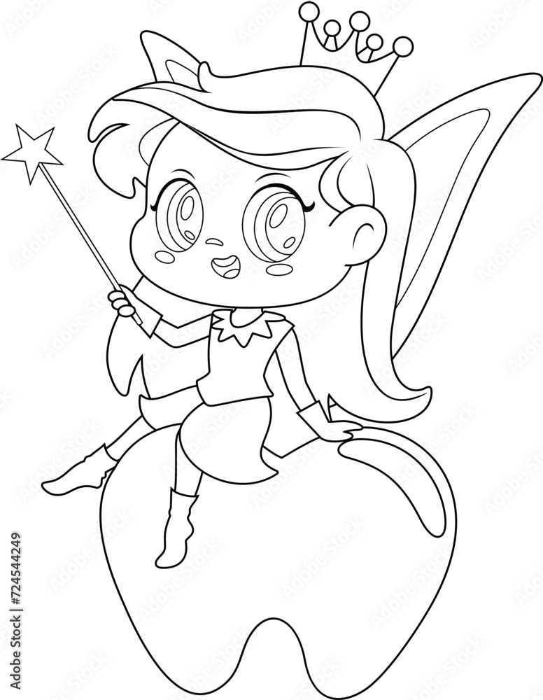 Outlined Cute Tooth Fairy Girl Cartoon Character Sitting On Tooth With Magic Wand. Vector Hand Drawn Illustration Isolated On Transparent Background