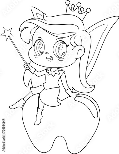 Outlined Cute Tooth Fairy Girl Cartoon Character Sitting On Tooth With Magic Wand. Vector Hand Drawn Illustration Isolated On Transparent Background