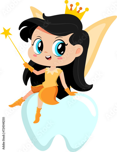 Cute Tooth Fairy Girl Cartoon Character Sitting On Tooth With Magic Wand. Vector Illustration Flat Design Isolated On Transparent Background