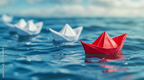 The leadership journey of a red origami ship guiding a team of white boats, embodying the concepts of strategy, inspiration, and success in the vast blue ocean Created Using creative leadership