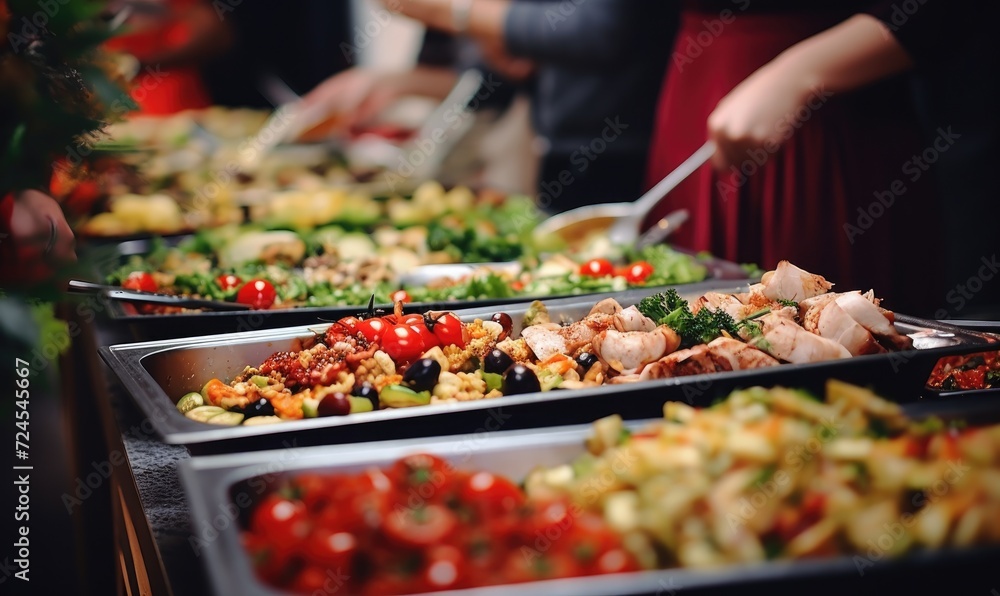 Fototapeta premium People are enjoying Amazing catering food, banquet table with different delicious foods on luxury celebration or wedding