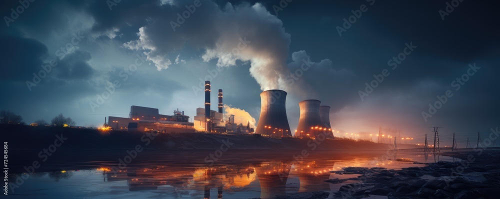 Nuclear power plant with big cooling towers in amazing background