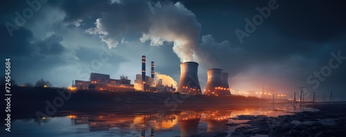 Nuclear power plant with big cooling towers in amazing background photo