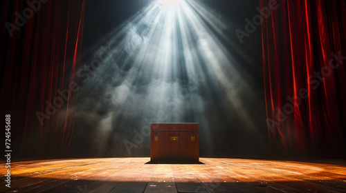 A theatrical box opening on a brightly lit stage, with a spotlight highlighting the moment of surprise and revelation, setting the scene for a dramatic and suspenseful theatrical performance Cr