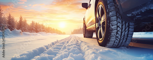 Tires on snowy road. Car tire in winter. copy space for text. © Alena