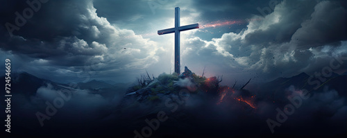 cross in clouds symbol of the death and resurrection , copy space for text.