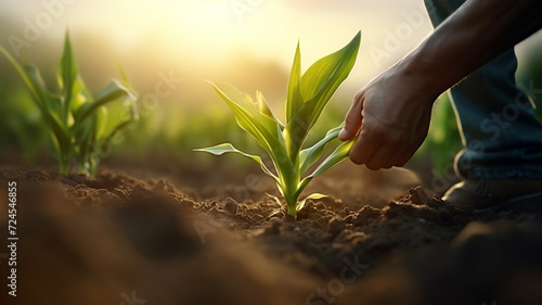 Farmer checks corn sprouts at sunrise photo