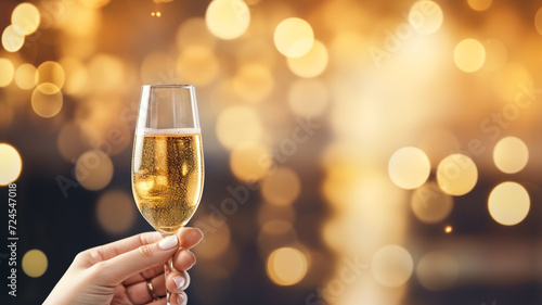 Female hand holding a glass of festive champagne with sparkling golden bokeh background